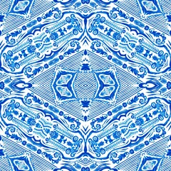Fototapeta Blue white watercolor azulejos tile background. Seamless coastal geometric floral mosaic effect. Ornamental arabesque all over summer fashion damask repeat obraz