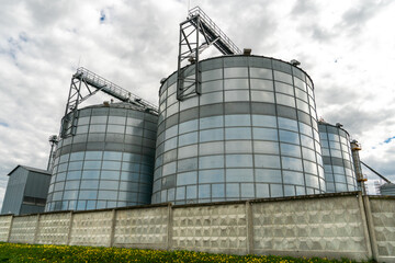 silver silos on agro manufacturing plant for processing drying cleaning and storage of agricultural products, flour, cereals and grain. Large iron barrels of grain. Granary elevator