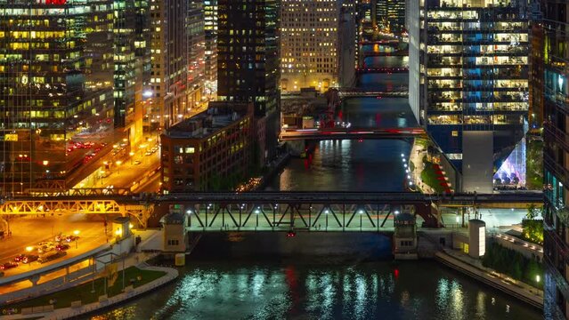 Time Lapse of the buildings in downtown Chicago and the Chicago river