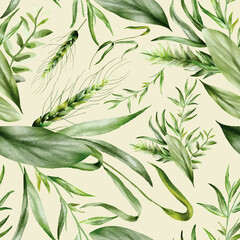 Fototapeta premium Elegant seamless pattern greenery leaves watercolor design