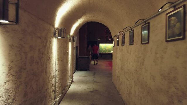 Fira, Santorini - 25 May, 2019: Koutsoyannopoulos Winery and Wine Museum in Vothonas. In the cellars there are ancient objects and figures about how wine was produced in ancient times