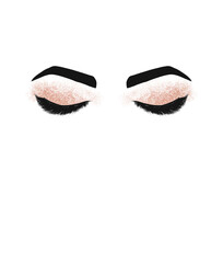 Eyelash makeup beauty theme logo in centre of frame set against a white background. Illustration includes eyebrows, eye makeup, and eyelashes with rose gold colour palette. Beauty logo design