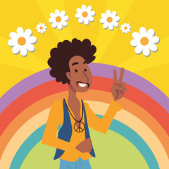 hippie man rainbow and flowers
