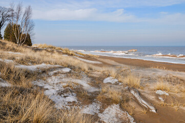 The sandy beach and winter shoreline as seen at Point Beach State Forest on Lake Michigan, Two...