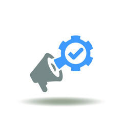 Vector illustration of loudspeaker with gear and check mark. Symbol of helpful tips. Icon of help assistance and education faq. Sign of advice service.