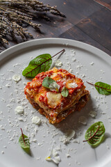 Beef Lasagna with Bloody Sorrel and Parmesan, Pecorino Romano and Mozzarella