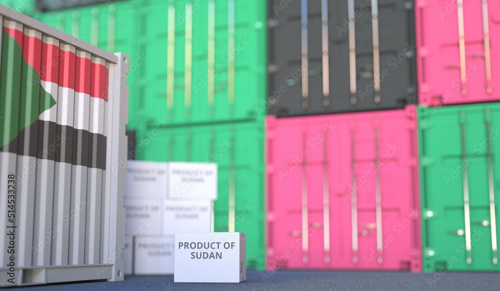 Aufkleber box with product of sudan text and cargo containers. 3d rendering
