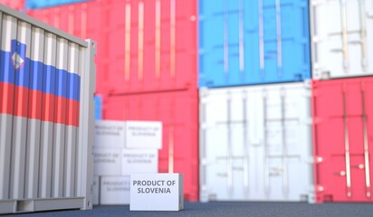 Carton with PRODUCT OF SLOVENIA text and many containers, 3D rendering