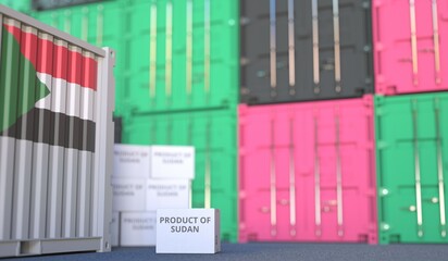 Box with PRODUCT OF SUDAN text and cargo containers. 3D rendering