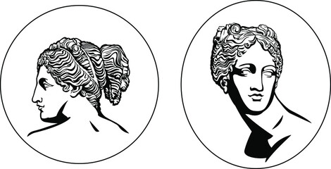Set of Bust of Venus de Milo. Aphrodite - goddess of love. Vector drawing. Antique collection.