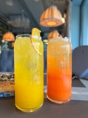 lemonade glasses. summer cold drinks in cafe close-up