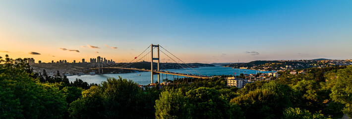 ISTANBUL, TURKEY. Panoramic view of Istanbul Bosphorus on sunset. Istanbul Bosphorus Bridge (15...