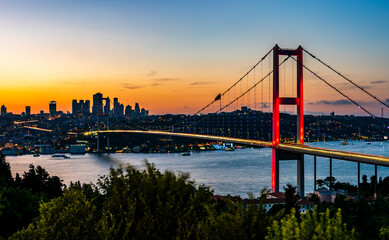 ISTANBUL, TURKEY. Panoramic view of Istanbul Bosphorus on sunset. Istanbul Bosphorus Bridge (15 July Martyrs Bridge. Turkish: 15 Temmuz Sehitler Koprusu). Beautiful cloudy blue sky.