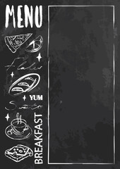 Vector template cafe menu, chalk style lettering and fast food items. Chalckboard with frame for text, decoration for kitchen and pub, blackboard sample menu, handwritten words, drinks, meat, sweets.