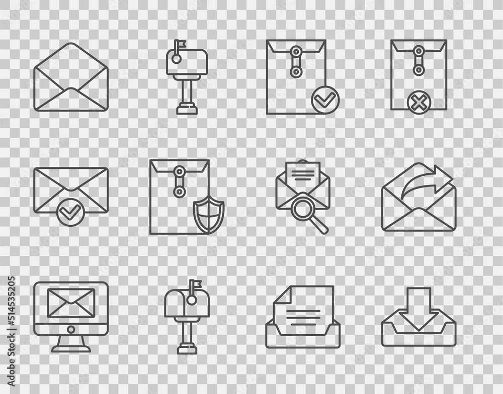Poster set line monitor and envelope, download inbox, envelope check mark, mail, with shield, drawer docume