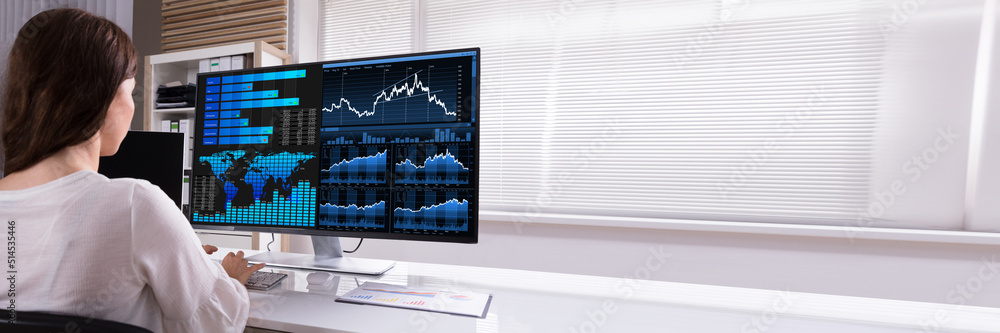 Poster stock market broker analyzing graphs on computer
