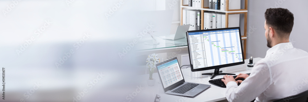 Poster Businessman Analyzing Gantt Chart On Computer