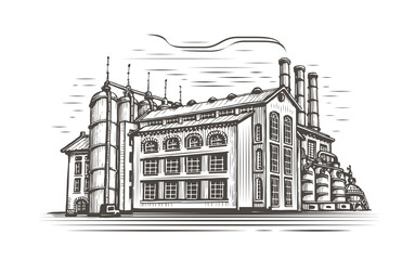 Industrial factory sketch. Vintage manufacturing building in style of old engraving. Vector illustration
