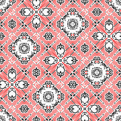 Fototapeta Red black seamless arabesque mosaic bandana pattern. Modern masculine neckerchief geometric scarf print, Abstract graphic fashion and wallpaper art tile. obraz