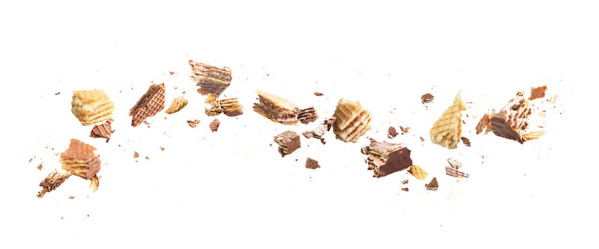 Flow of broken wafers into pieces on a white background