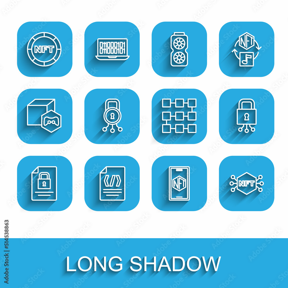 Poster set line document and lock, binary code, nft digital crypto art, mobile with store app, cyber securi