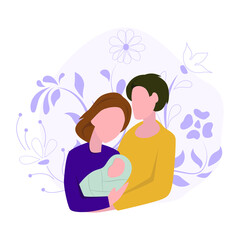 A married couple with a baby in their arms. Vector flat illustration