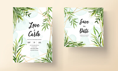 Fototapeta na wymiar Wedding invitation card template with beautiful greenery leaves