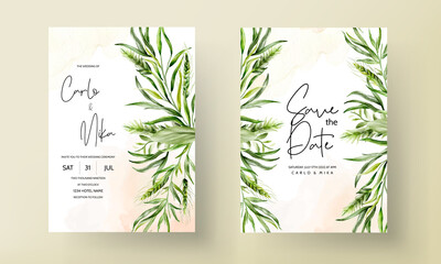 Wedding invitation card template with beautiful greenery leaves