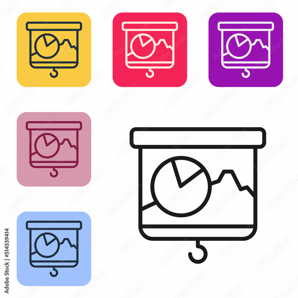 Poster black line presentation board with graph, schedule, chart, diagram, infographic, pie graph icon isol