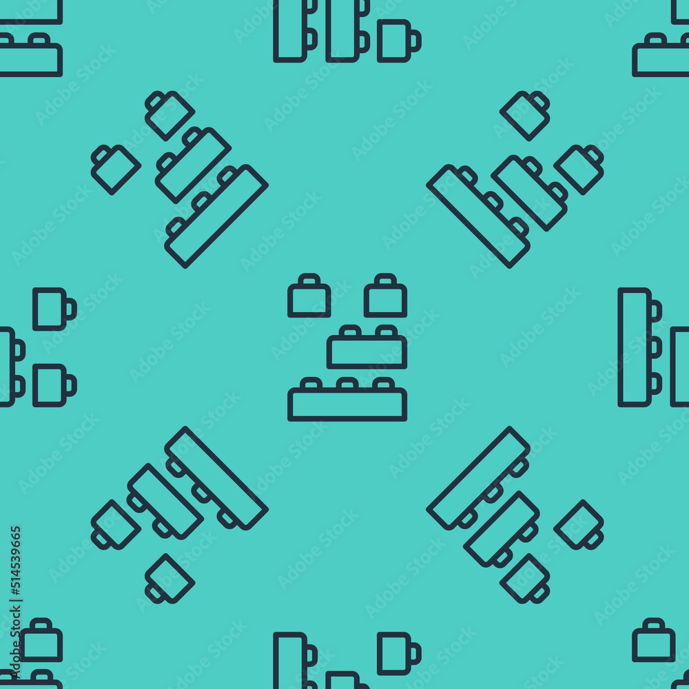 Poster black line toy building block bricks for children icon isolated seamless pattern on green background
