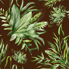 Obraz premium Elegant seamless pattern greenery leaves watercolor design