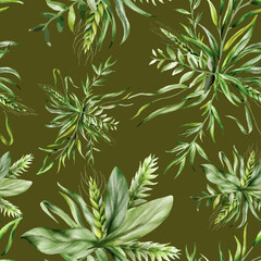 Naklejka na ściany i meble Elegant seamless pattern greenery leaves watercolor design