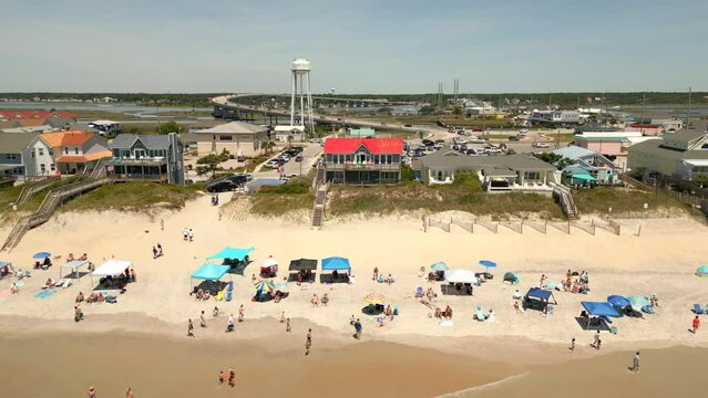 Aerial footage tourists on Surf City Beach NC USA Summer 2022