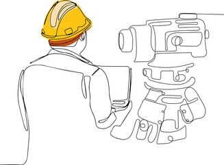 Close up of young Caucasian worker with helmet on head using tablet for work while standing in warehouse. Surveyor with a tripod icon. Geodesic tripod. Vector illustration