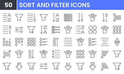 Sort and Filter vector line icon set. Contains linear outline icons like Process, Data, Refine, Alphabet, Structure, List, Descending, Ascending, Funnel. Editable use and stroke for web.