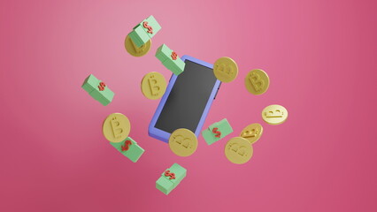 Mobile phone floating with gold bitcoin coins. Orange background.3d render illustration with soft lights.