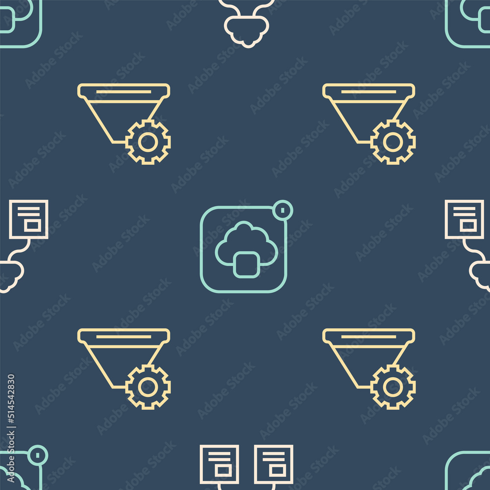 Poster set line cloud technology data transfer, filter setting and on seamless pattern. vector