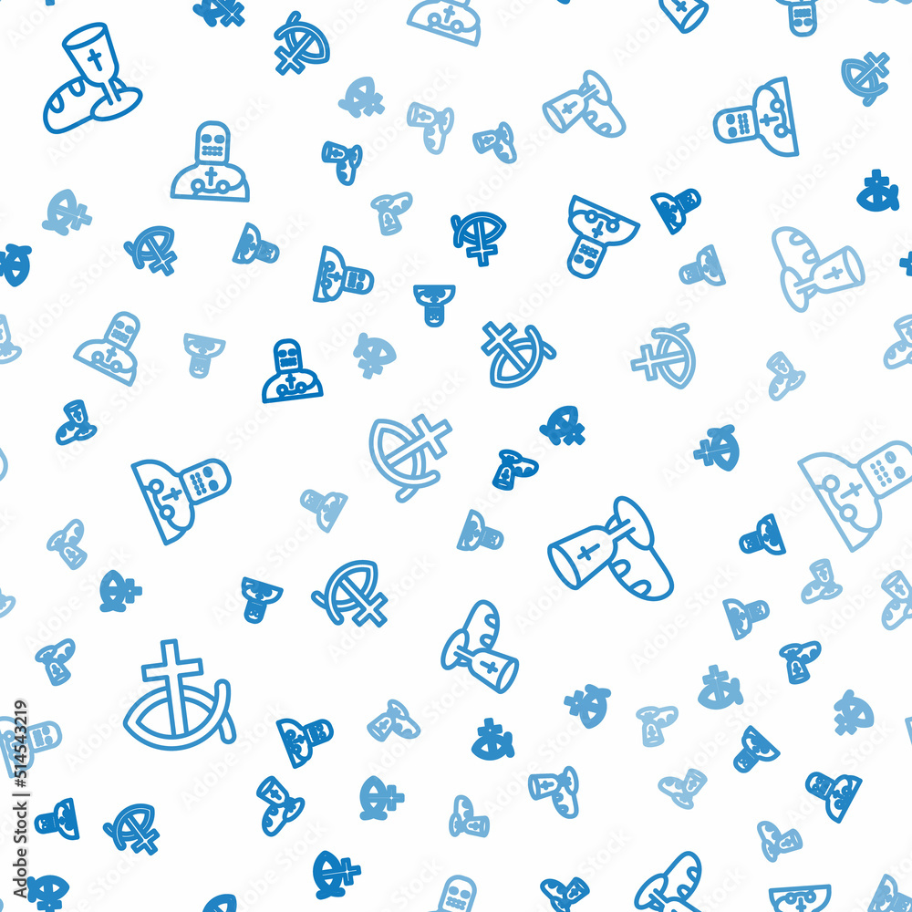 Poster set line christian fish, goblet and bread and knight crusader on seamless pattern. vector