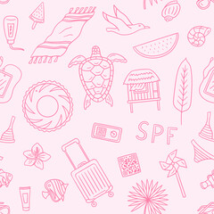 Vector hand drawn summer doodle seamless pattern background. Includes cute cartoon style qr code, palm leaves, windmill, bikini, turtle, bungalow, watermelon, seashell, cream, clown fish