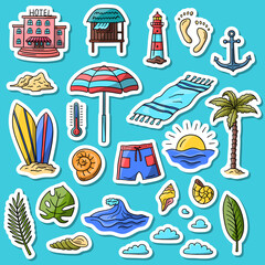 Vector hand drawn summer doodle color sticker set. Collection includes palm leaves, sunrise, wave, clouds, anchor, trails, hotel building, sand pile elements