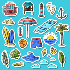 Vector hand drawn summer doodle color sticker set. Collection includes palm leaves, sunrise, wave, clouds, anchor, trails, hotel building, sand pile elements