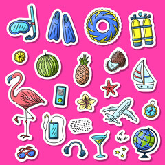 Vector hand drawn summer doodle color sticker set. Collection includes oxygen cylinder, sunglasses, flower, frangipani, scuba diving mask elements