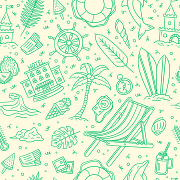 Vector hand drawn summer doodle seamless pattern background. Includes cute cartoon style surfboard, camera, sandcastle, lifebuoy, coconut, photo, dolphin objects