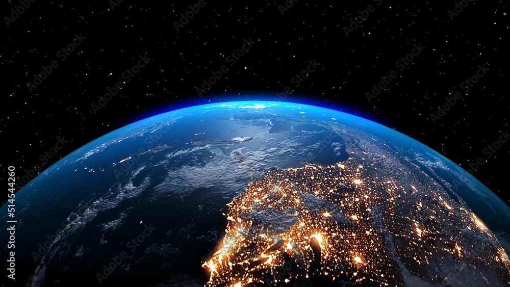 Poster planet earth with realistic geography surface and orbital 3d cloud atmosphere . outer space view of 