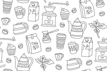 Coffee breakfast doodle seamless pattern. Cartoon cup drink, beans and cezve pot. Cappuccino espresso mug boundless ornament. Linear vector endless design paper scrapbook coffeehouse menu