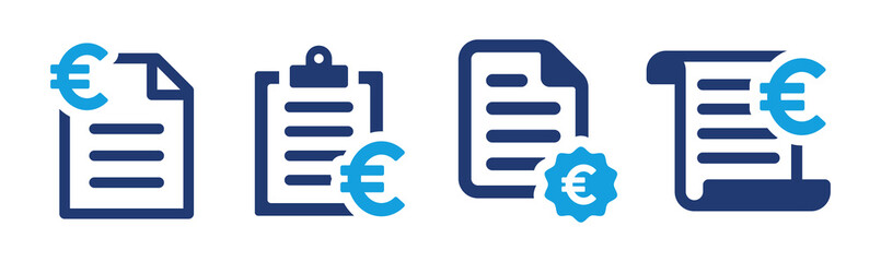 Invoice document icon vector set with euro sign illustration. Business receipt and billing symbol.