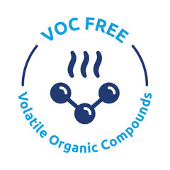 VOC free icon vector label. Volatile organic compounds with chemical molecule and smoke symbol. - obrazy, fototapety, plakaty