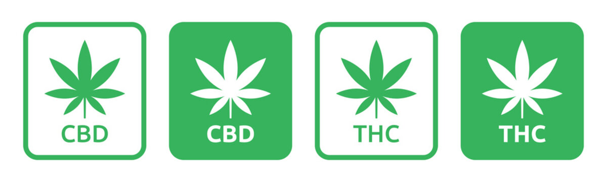 CBD cannabidiol symbol with cannabis leaf icon vector illustration. THC marijuana medical weed label.