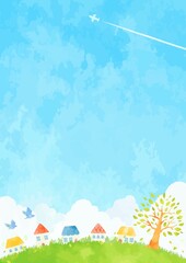 手描きの優しい町と青空の風景イラスト