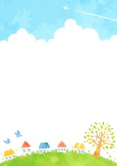 手描きの町並みと青空の風景イラスト